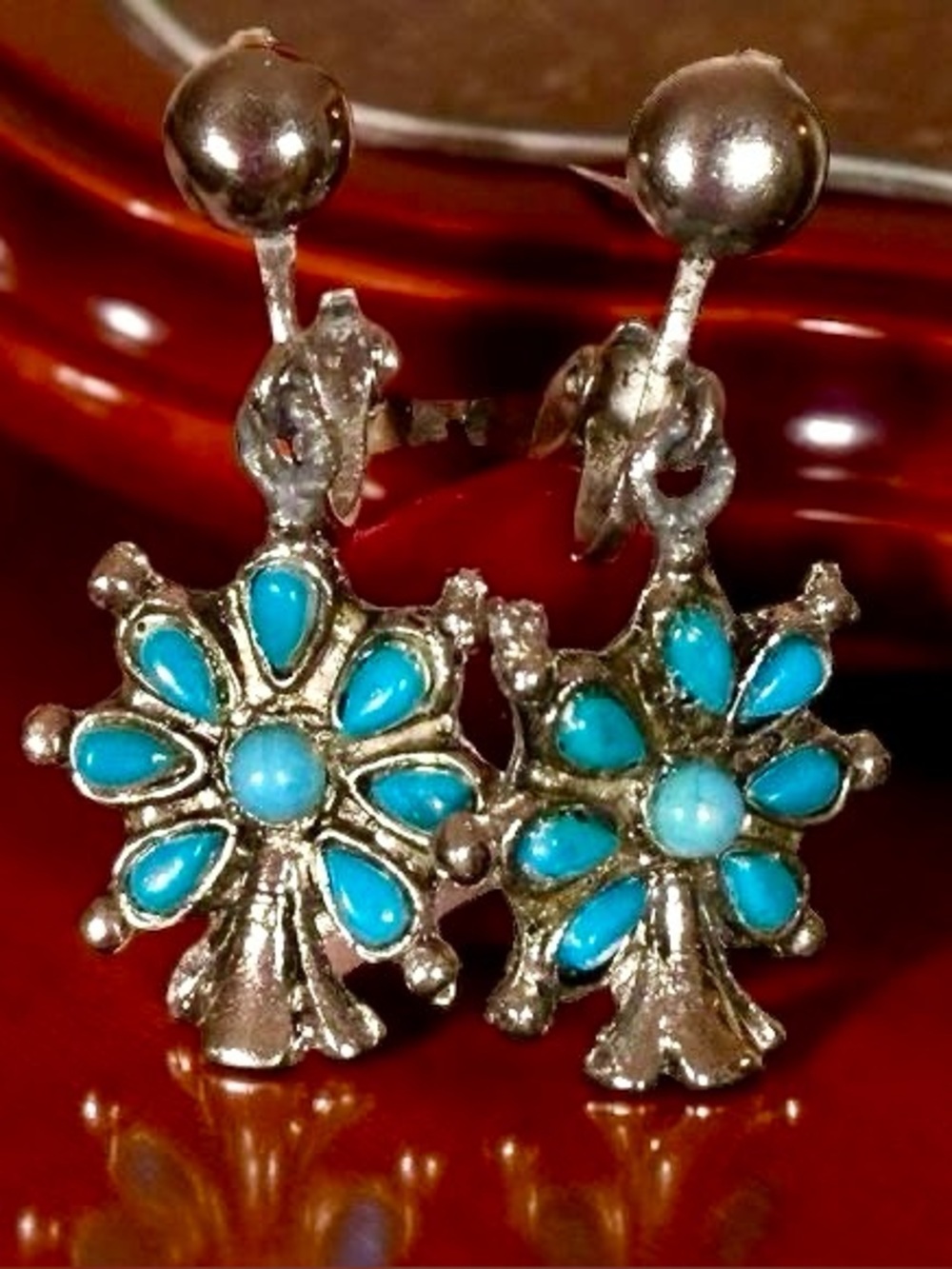 Vintage Southwestern Boho Chic Silver Turquoise Squash Blossom Clip-on Earrings